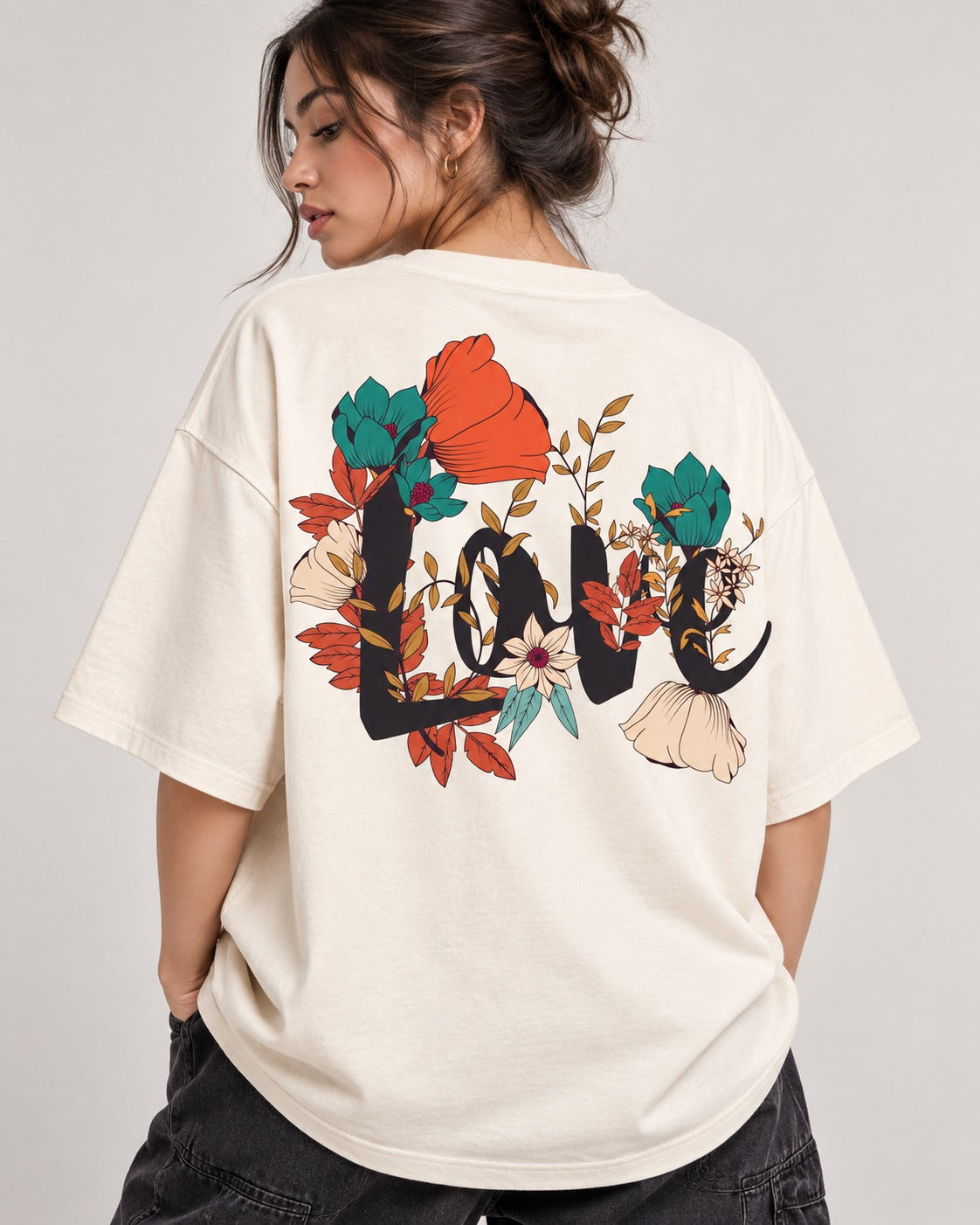 Floral Love Typography Oversized Tee