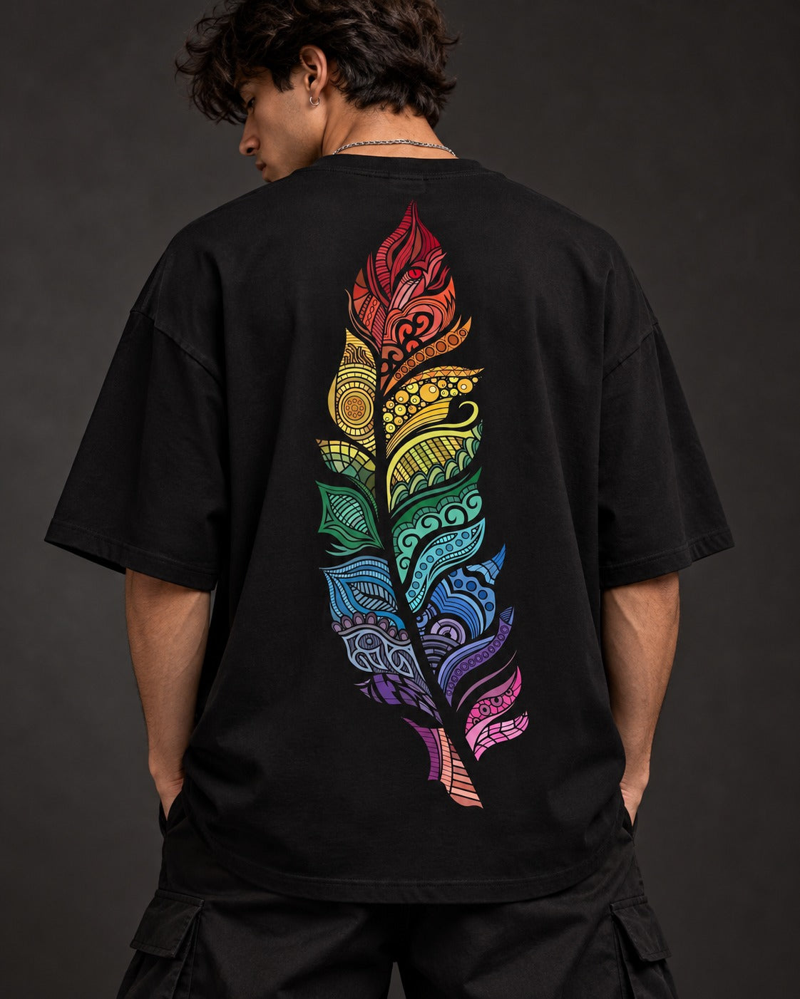 Rainbow Mandala Feather Oversized Tee